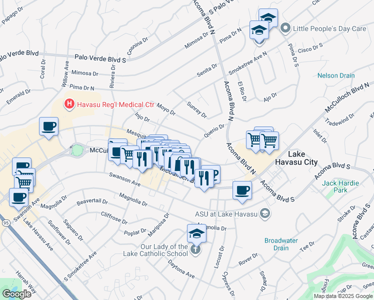 map of restaurants, bars, coffee shops, grocery stores, and more near 2085 Mesquite Avenue in Lake Havasu City