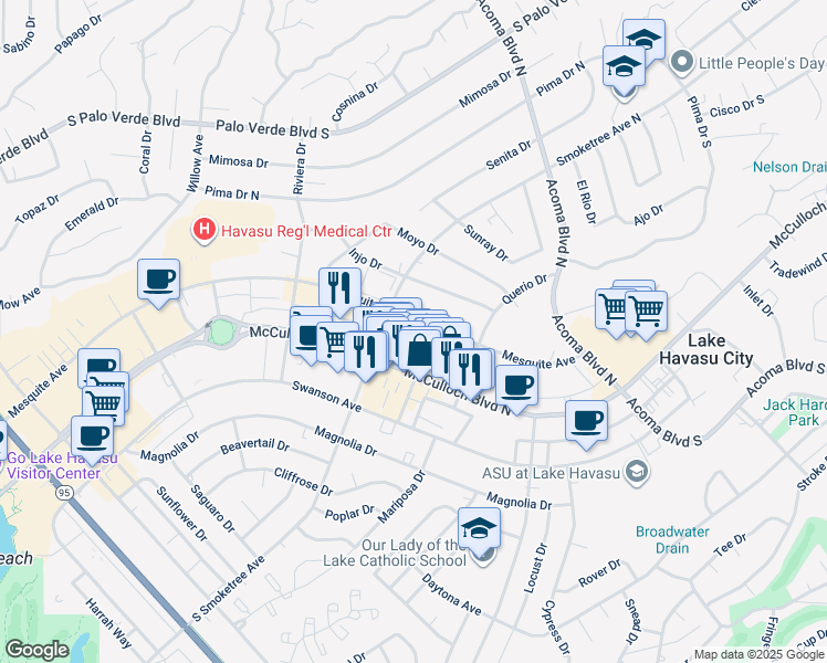 map of restaurants, bars, coffee shops, grocery stores, and more near 2040 Mesquite Avenue in Lake Havasu City