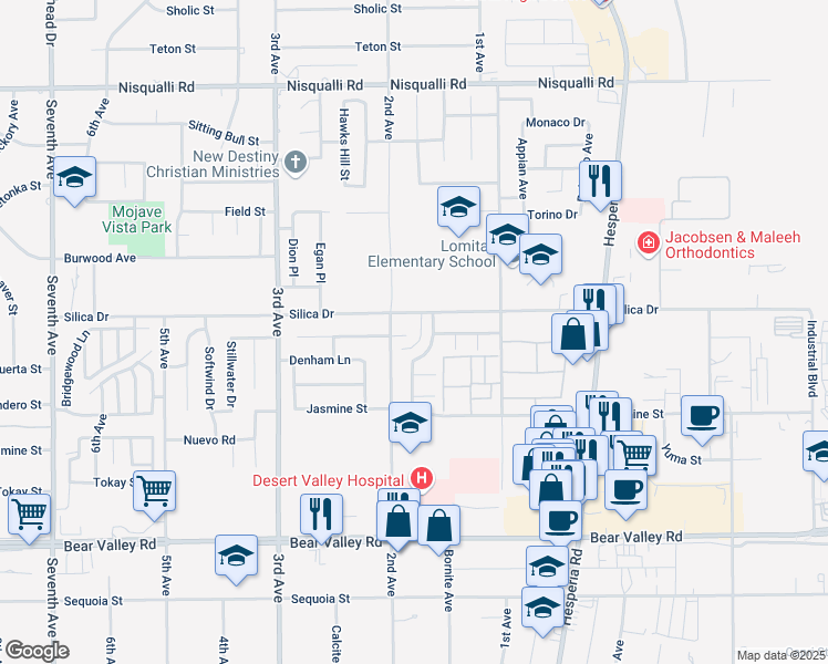 map of restaurants, bars, coffee shops, grocery stores, and more near 16750 Hastings Place in Victorville