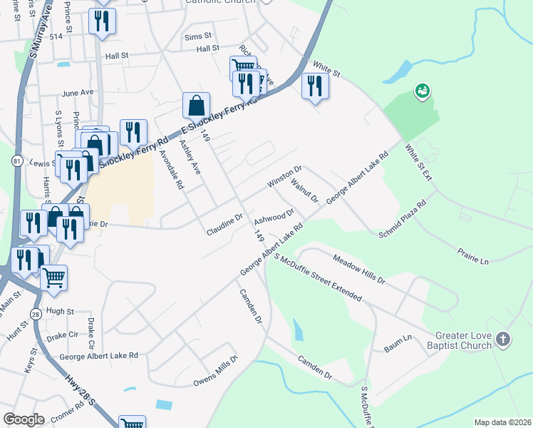 map of restaurants, bars, coffee shops, grocery stores, and more near 605 Ashwood Drive in Anderson