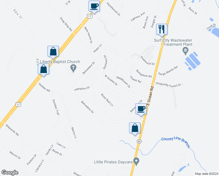 map of restaurants, bars, coffee shops, grocery stores, and more near 409 Tree Court in Holly Ridge