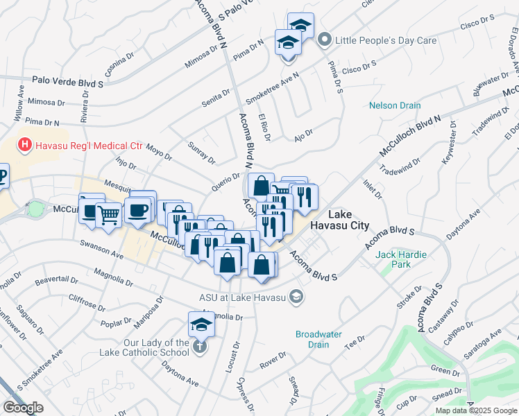 map of restaurants, bars, coffee shops, grocery stores, and more near 90 Acoma Boulevard North in Lake Havasu City