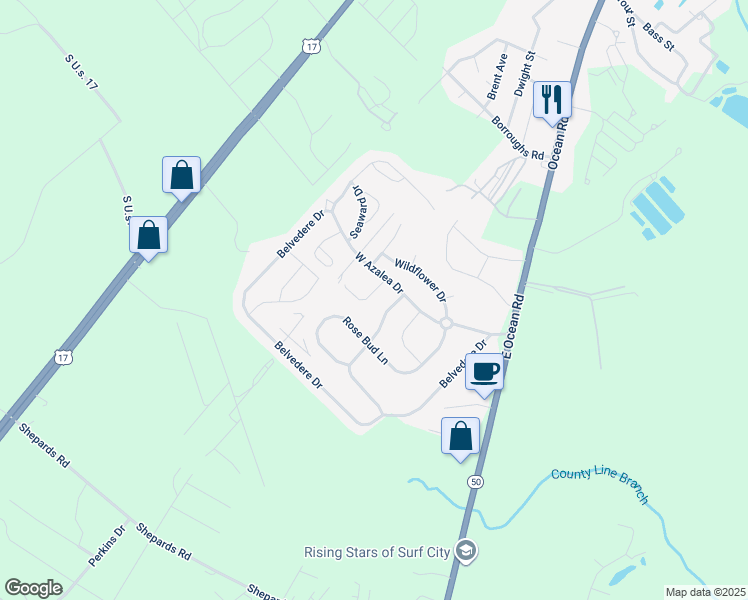 map of restaurants, bars, coffee shops, grocery stores, and more near 409 Tree Court in Holly Ridge