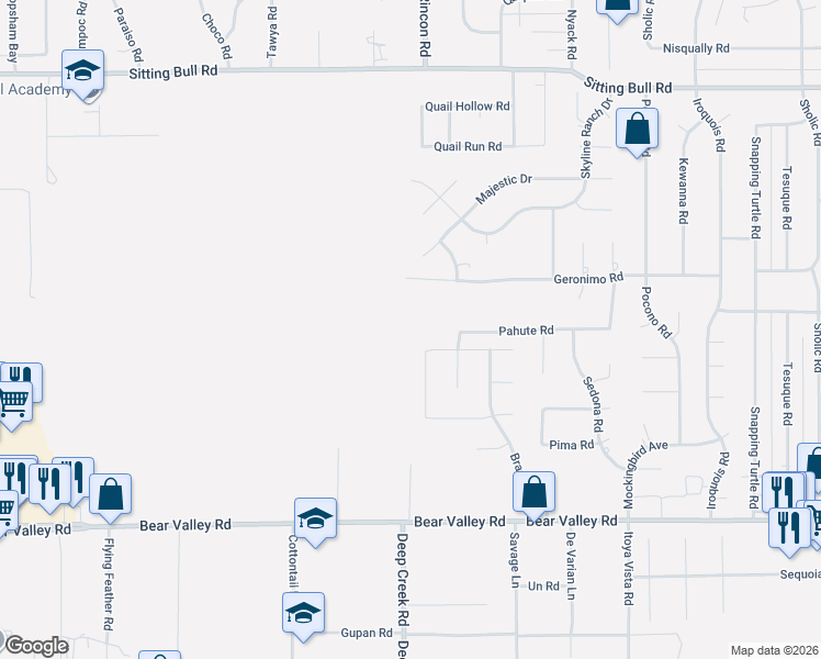 map of restaurants, bars, coffee shops, grocery stores, and more near Pahute Road in Apple Valley
