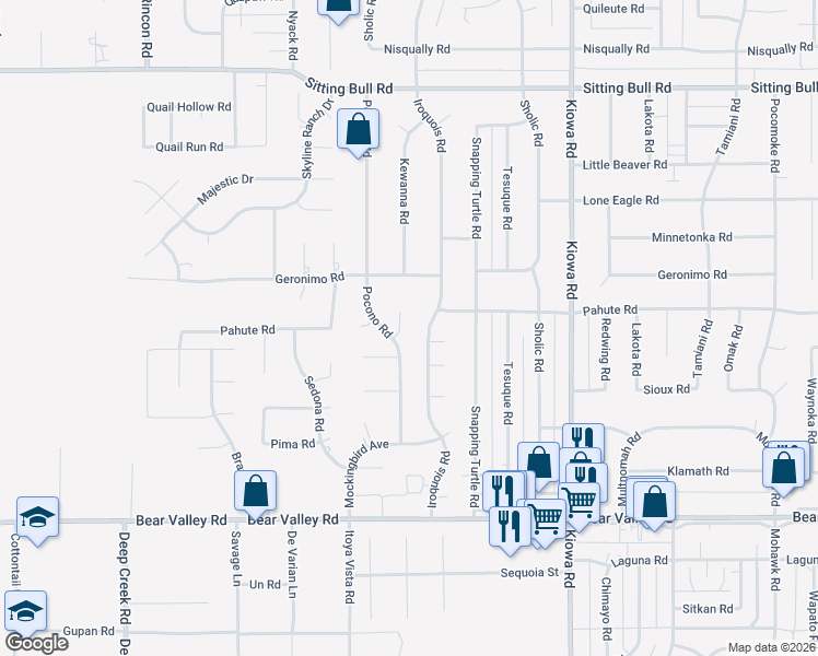 map of restaurants, bars, coffee shops, grocery stores, and more near 12429 Pocono Place in Apple Valley