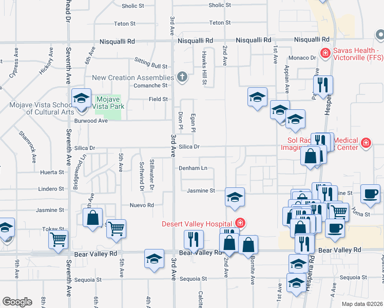 map of restaurants, bars, coffee shops, grocery stores, and more near 16608 Hastings Place in Victorville