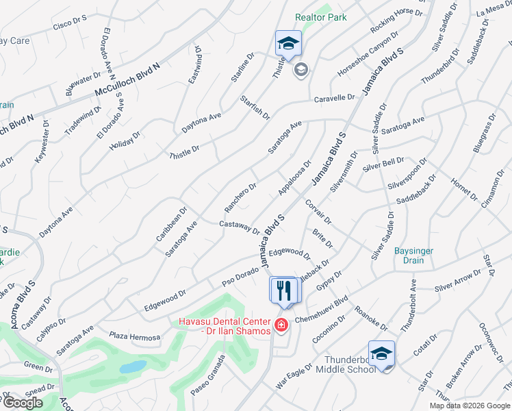 map of restaurants, bars, coffee shops, grocery stores, and more near 355 Foxpoint Lane in Lake Havasu City