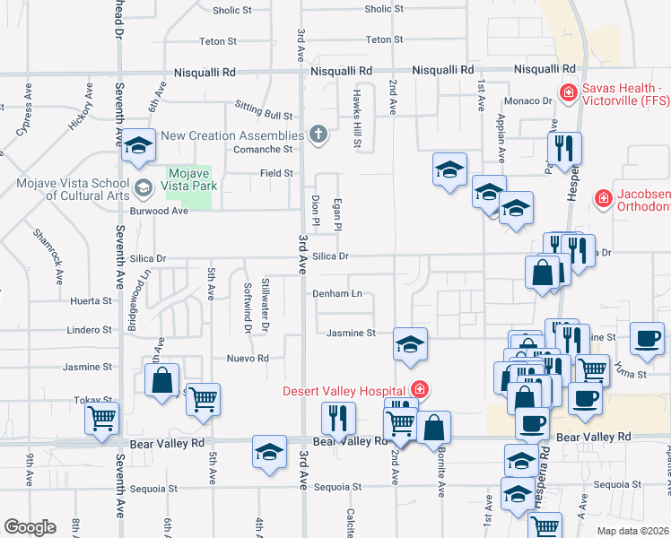 map of restaurants, bars, coffee shops, grocery stores, and more near 16608 Hastings Place in Victorville