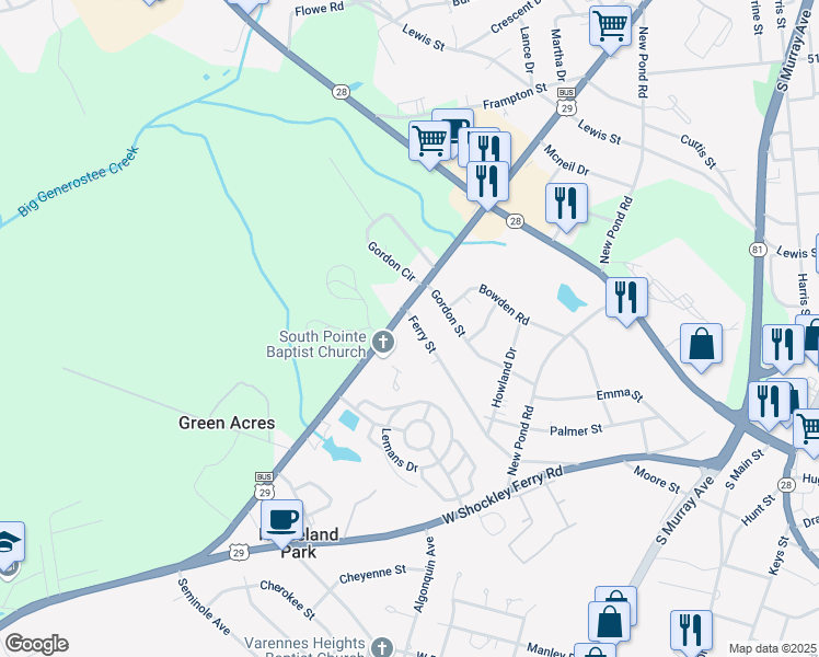 map of restaurants, bars, coffee shops, grocery stores, and more near 1001 Ferry Street in Anderson