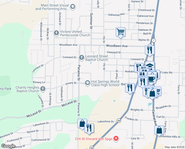 map of restaurants, bars, coffee shops, grocery stores, and more near 110 Holt Street in Hot Springs