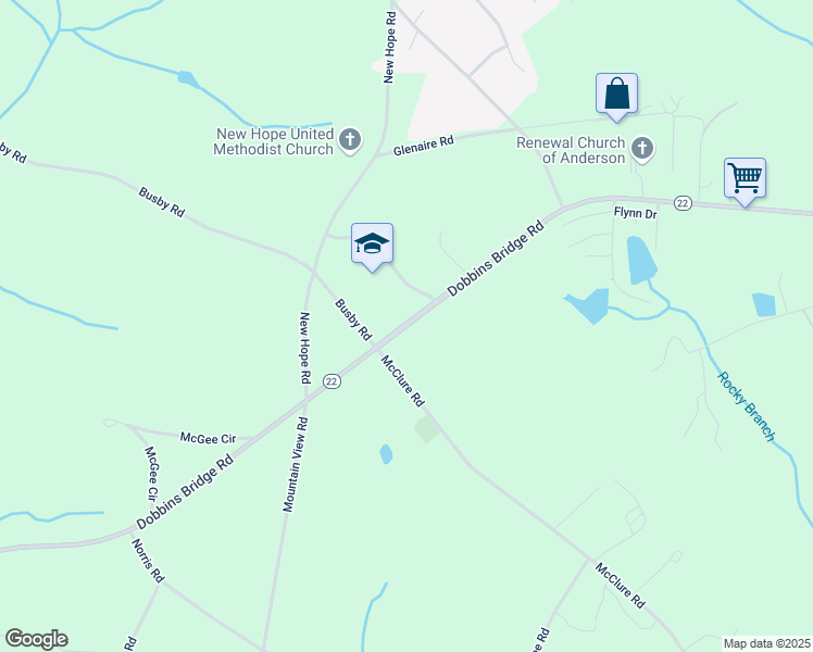 map of restaurants, bars, coffee shops, grocery stores, and more near 4900 Dobbins Bridge Road in Anderson