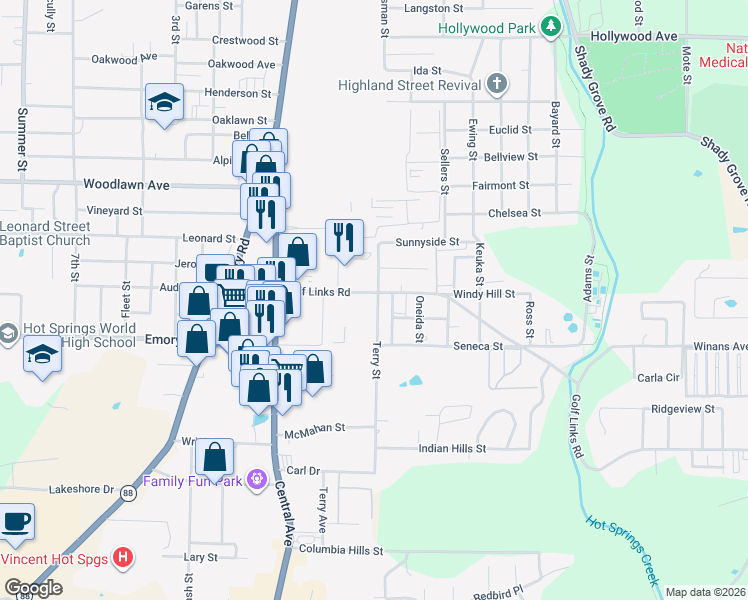 map of restaurants, bars, coffee shops, grocery stores, and more near 198 Golf Links Road in Hot Springs