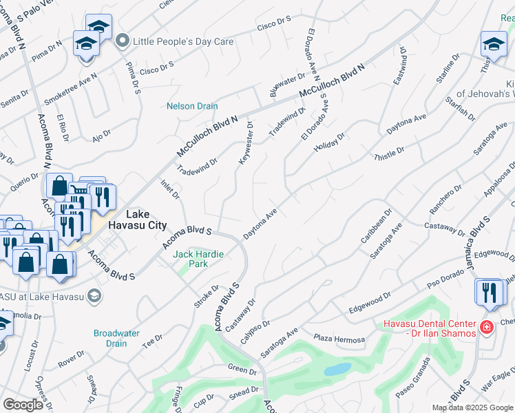 map of restaurants, bars, coffee shops, grocery stores, and more near 192 Wayfarer Lane in Lake Havasu City