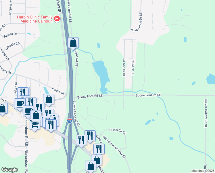 map of restaurants, bars, coffee shops, grocery stores, and more near 264 Boone Ford Road Southeast in Calhoun