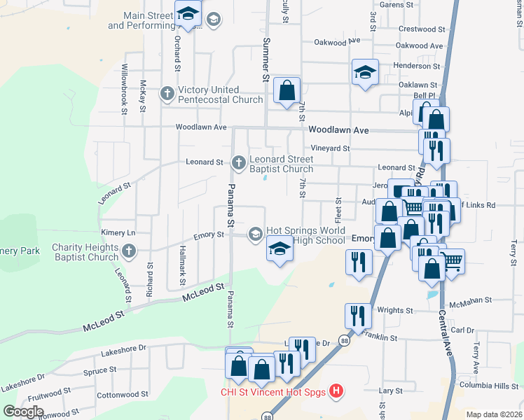 map of restaurants, bars, coffee shops, grocery stores, and more near 110 Holt Street in Hot Springs