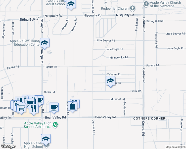 map of restaurants, bars, coffee shops, grocery stores, and more near Quinnault Road & Tehama Road in Apple Valley