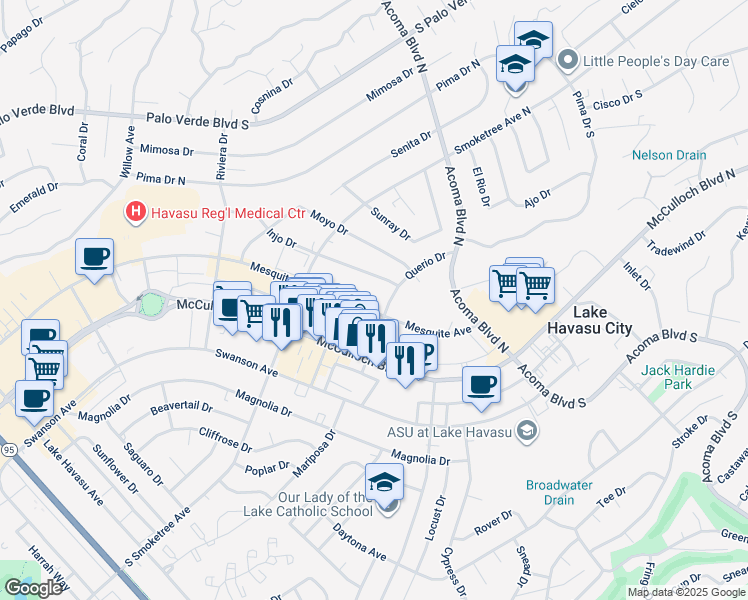 map of restaurants, bars, coffee shops, grocery stores, and more near 2085 Mesquite Avenue in Lake Havasu City