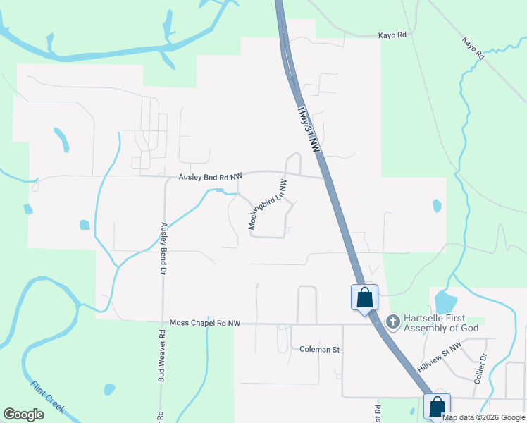 map of restaurants, bars, coffee shops, grocery stores, and more near 2500 Mockingbird Lane Northwest in Hartselle