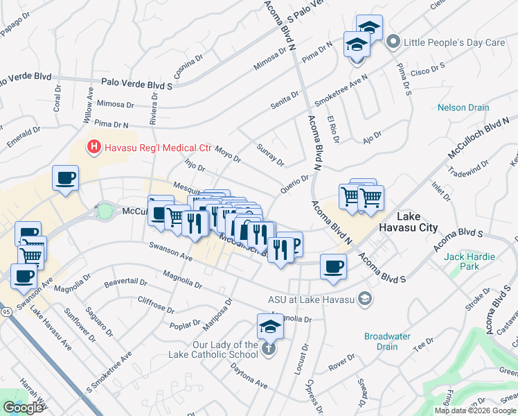 map of restaurants, bars, coffee shops, grocery stores, and more near 2085 Mesquite Avenue in Lake Havasu City