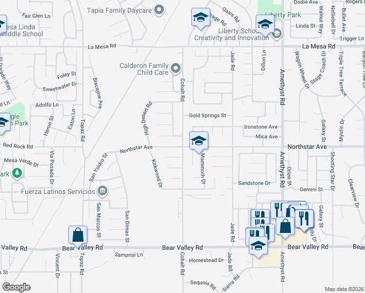 map of restaurants, bars, coffee shops, grocery stores, and more near Cobalt Rd & Northstar Ave in Victorville