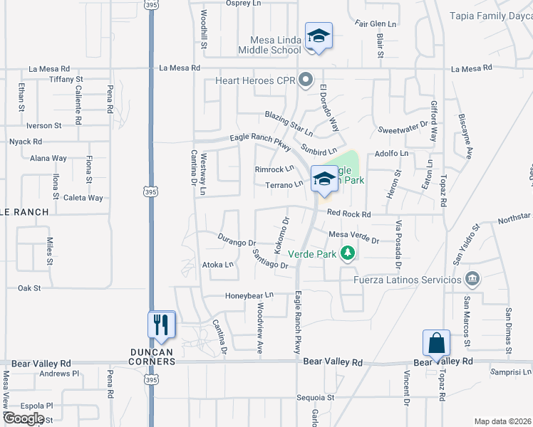 map of restaurants, bars, coffee shops, grocery stores, and more near 12413 Red Rock Road in Victorville