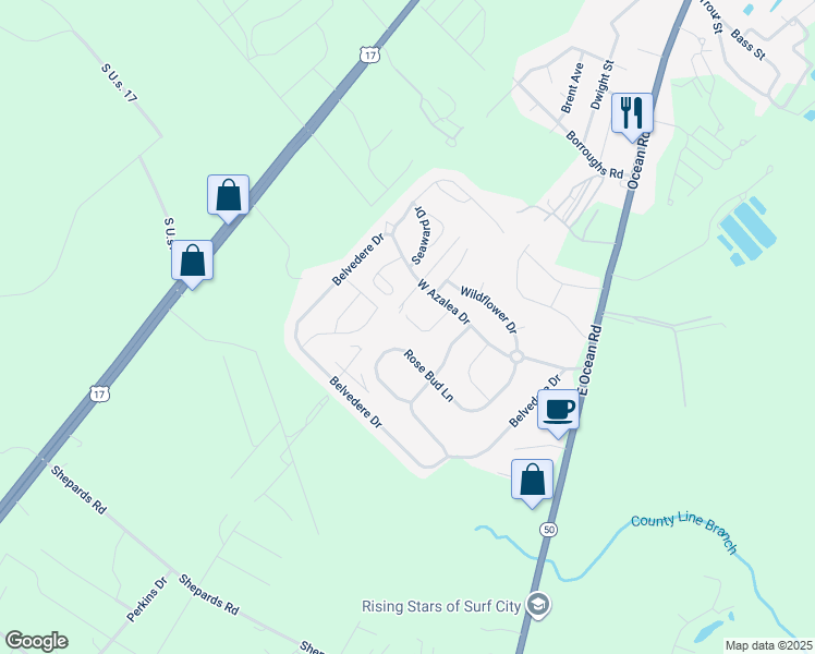 map of restaurants, bars, coffee shops, grocery stores, and more near 421 Tree Court in Holly Ridge