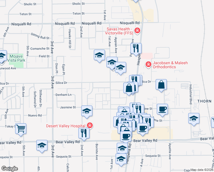 map of restaurants, bars, coffee shops, grocery stores, and more near 16880 Glennaire Avenue in Victorville