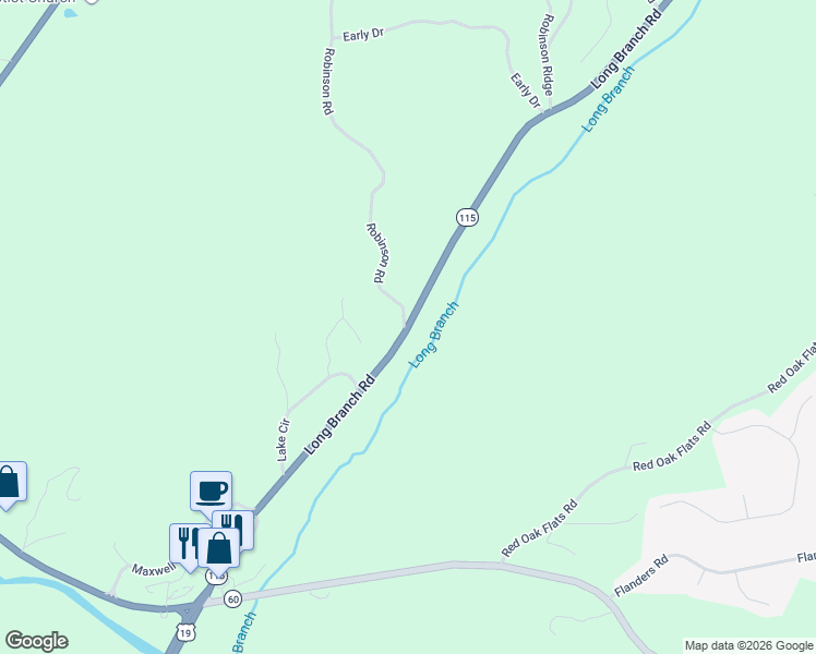 map of restaurants, bars, coffee shops, grocery stores, and more near 0 Robinson Road in Dahlonega