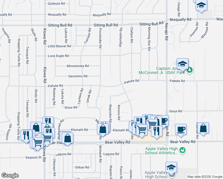 map of restaurants, bars, coffee shops, grocery stores, and more near 21331 Pahute Road in Apple Valley