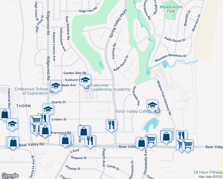map of restaurants, bars, coffee shops, grocery stores, and more near 12468 Spring Valley Parkway in Victorville