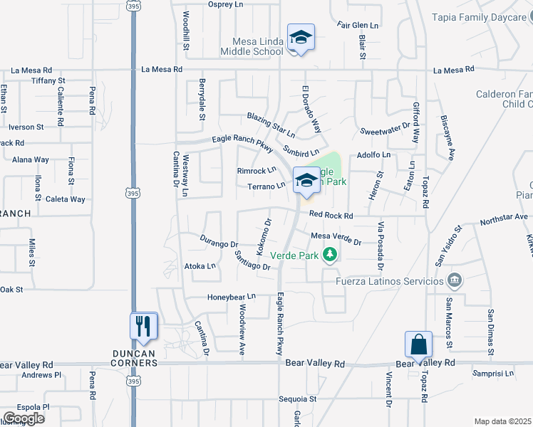 map of restaurants, bars, coffee shops, grocery stores, and more near 12471 Redrock Road in Victorville