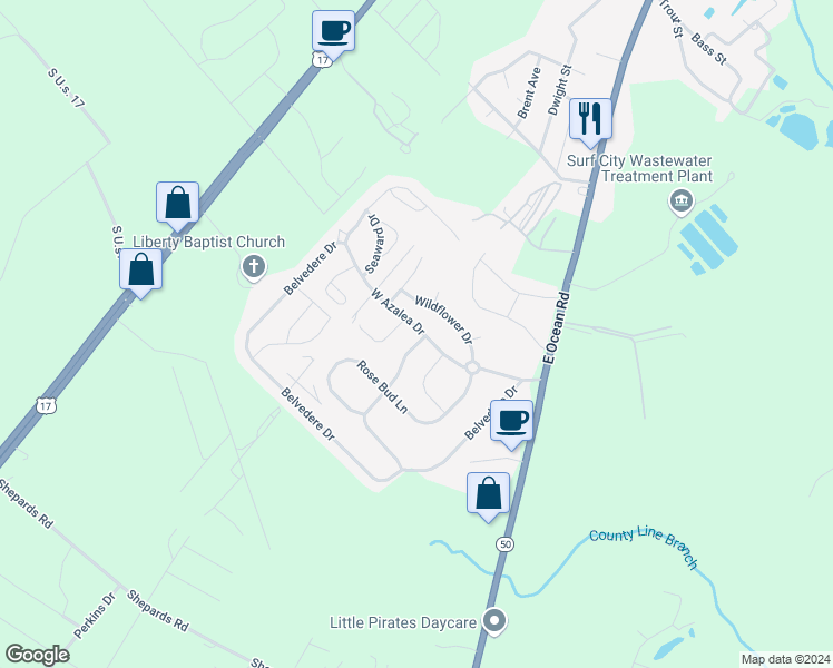 map of restaurants, bars, coffee shops, grocery stores, and more near 249 Red Carnation Drive in Holly Ridge