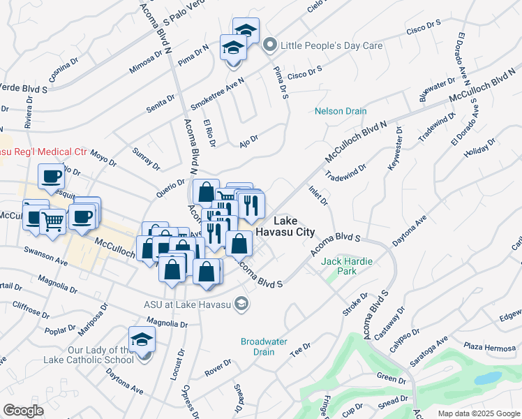 map of restaurants, bars, coffee shops, grocery stores, and more near 2271 McCulloch Boulevard North in Lake Havasu City