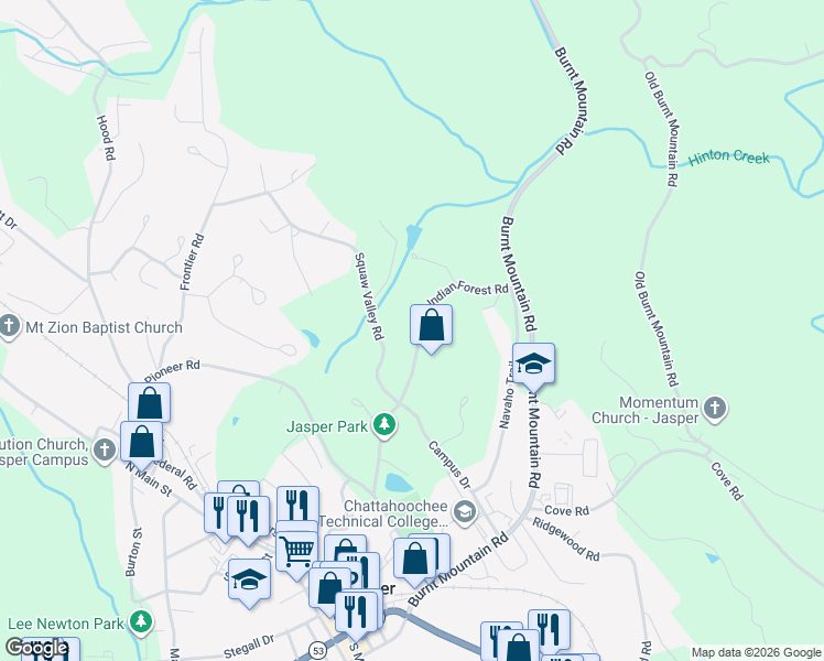 map of restaurants, bars, coffee shops, grocery stores, and more near 306 Indian Forest Road in Jasper