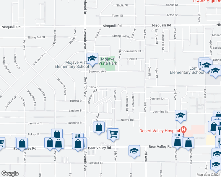 map of restaurants, bars, coffee shops, grocery stores, and more near 16278 Bridgewood Lane in Victorville