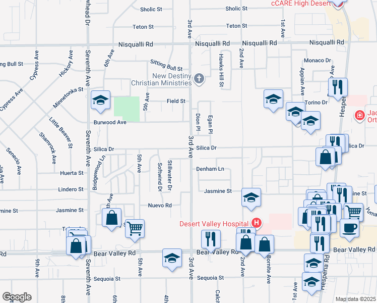 map of restaurants, bars, coffee shops, grocery stores, and more near 16491 Silica Drive in Victorville
