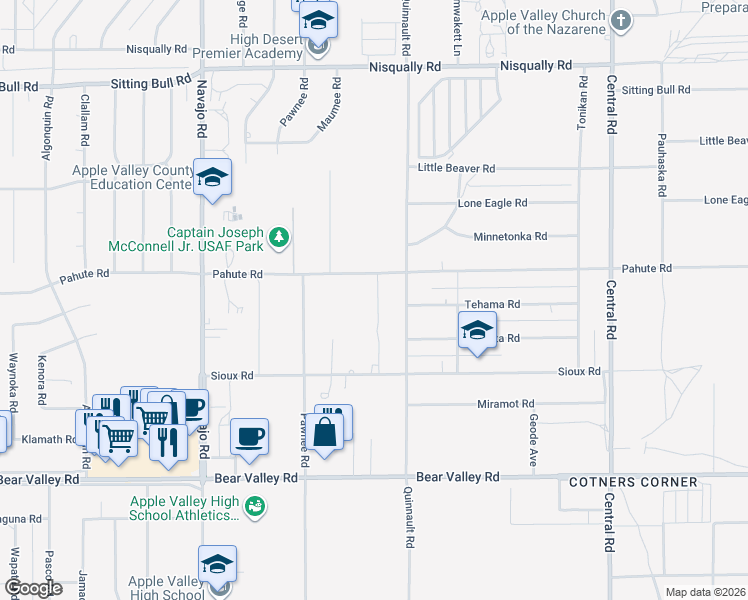 map of restaurants, bars, coffee shops, grocery stores, and more near 22035 Pahute Road in Apple Valley
