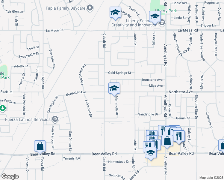 map of restaurants, bars, coffee shops, grocery stores, and more near 13350 Northstar Avenue in Victorville