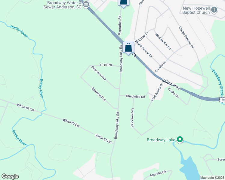 map of restaurants, bars, coffee shops, grocery stores, and more near 302 Broadway Lake Road in Anderson