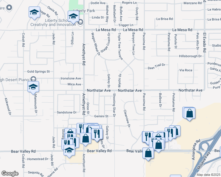 map of restaurants, bars, coffee shops, grocery stores, and more near 12511 Galaxy Street in Victorville