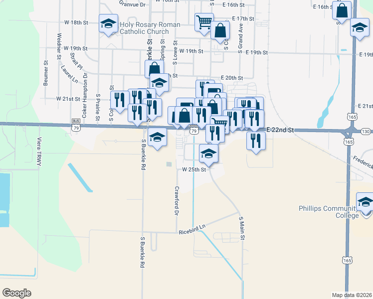 map of restaurants, bars, coffee shops, grocery stores, and more near 1320 Commercial Drive in Stuttgart