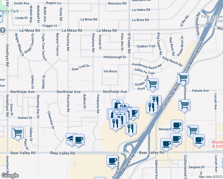 map of restaurants, bars, coffee shops, grocery stores, and more near 14390 Northstar Avenue in Victorville