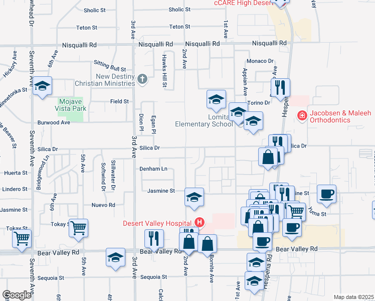 map of restaurants, bars, coffee shops, grocery stores, and more near 16750 Hastings Place in Victorville