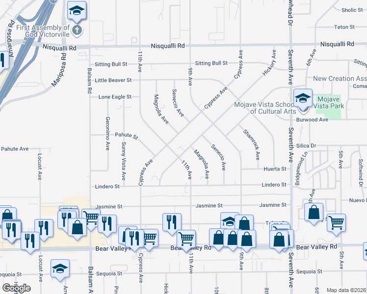 map of restaurants, bars, coffee shops, grocery stores, and more near 12454 11th Avenue in Victorville