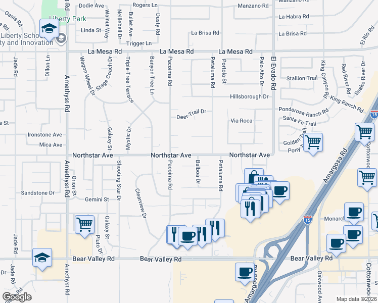 map of restaurants, bars, coffee shops, grocery stores, and more near 14177 Northstar Avenue in Victorville