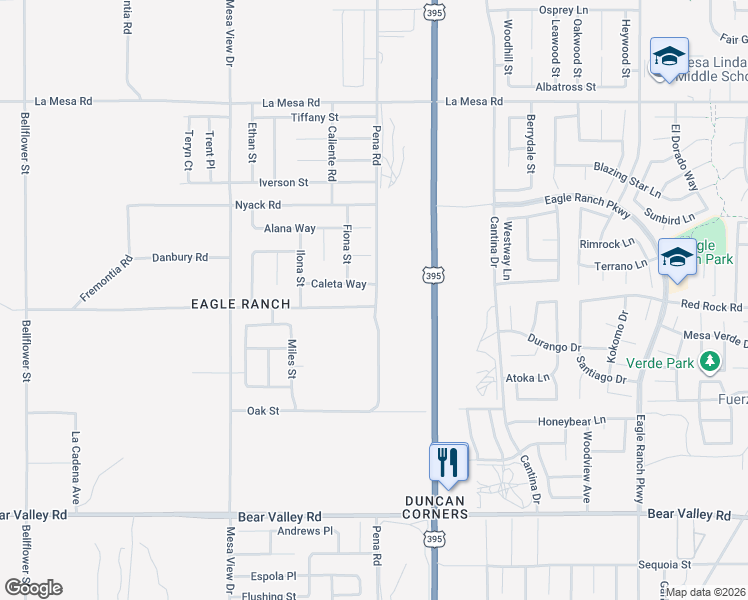 map of restaurants, bars, coffee shops, grocery stores, and more near Olivine Road in Victorville