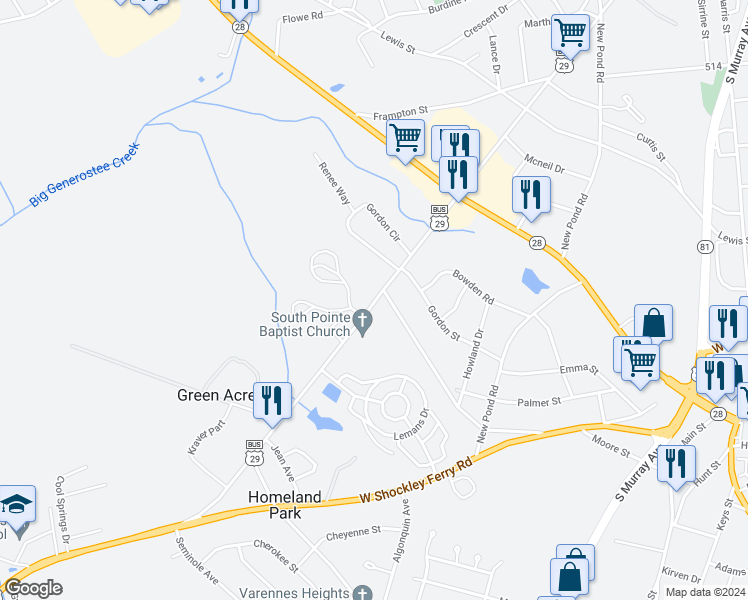 map of restaurants, bars, coffee shops, grocery stores, and more near 1001 Ferry Street in Anderson