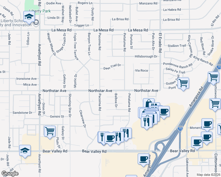 map of restaurants, bars, coffee shops, grocery stores, and more near 14177 Northstar Avenue in Victorville