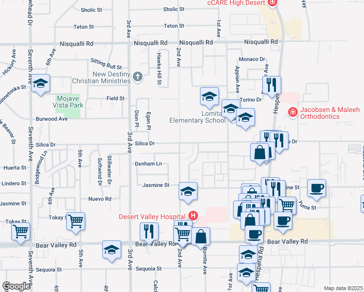map of restaurants, bars, coffee shops, grocery stores, and more near 16750 Hastings Place in Victorville