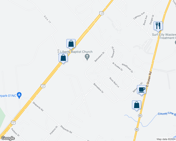 map of restaurants, bars, coffee shops, grocery stores, and more near 318 Belvedere Drive in Holly Ridge